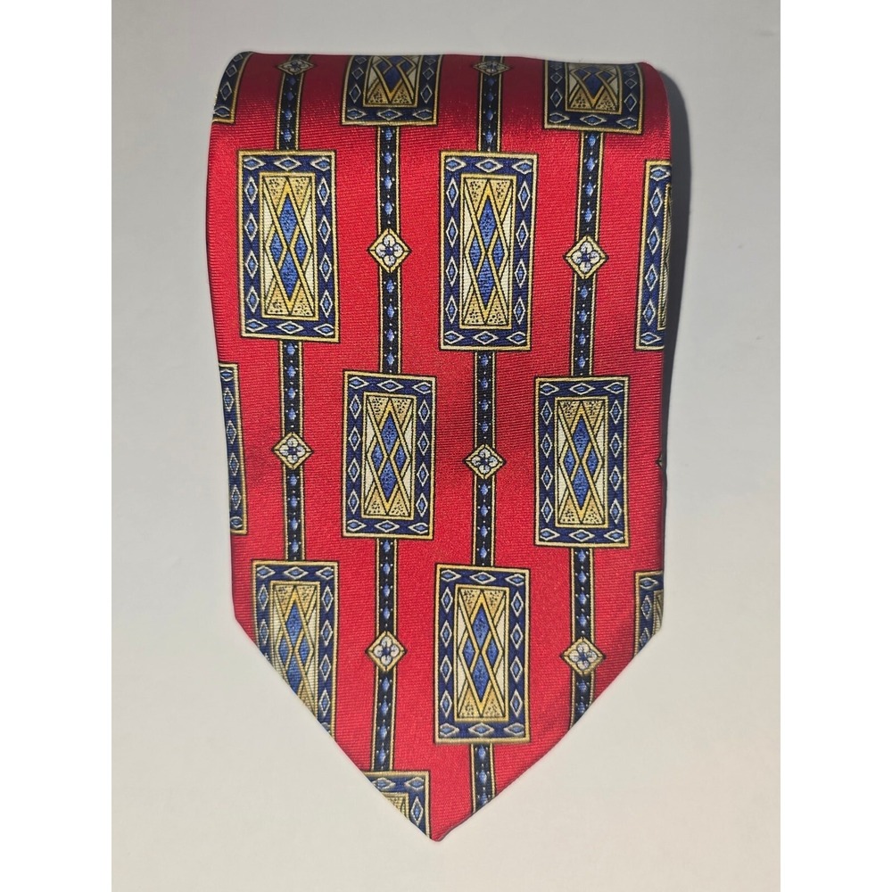 Rooster Mens Silk Tie Red Teal Blue Geometric Abstract Pattern Vintage Necktie